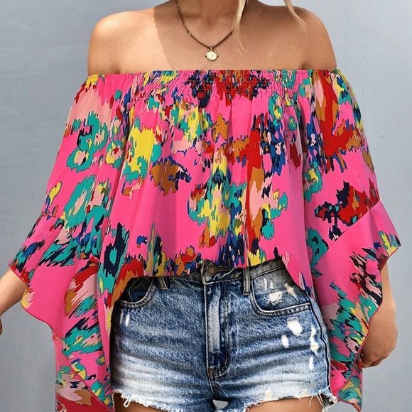 . Tops - Hot Pink Boho Womens Allover Print Off Shoulder Blouse